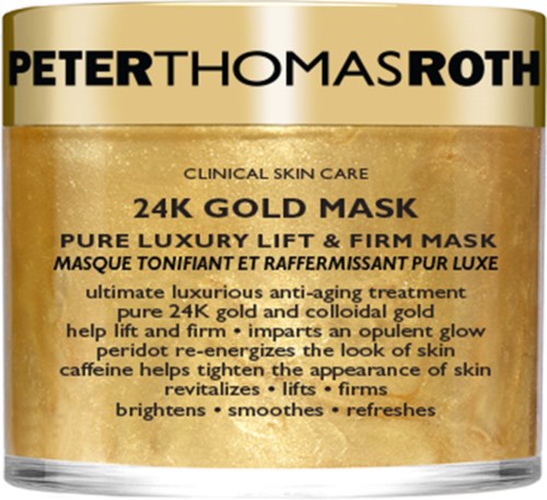 Goldfarbener Behälter mit schwarzem und weißem Text, bewirbt eine luxuriöse Gold-Gesichtsmaske für Hautstraffung und Verjüngung.