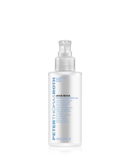 En vit flaska med blå text märkt Peter Thomas Roth, AHA/BHA Acne Clearing Gel, för hudvård.