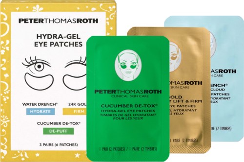 Auswahl an Hautpflege-Augenpatches in verschiedenen Farben und Verpackungen mit Peter Thomas Roth-Logo und Produktnamen.