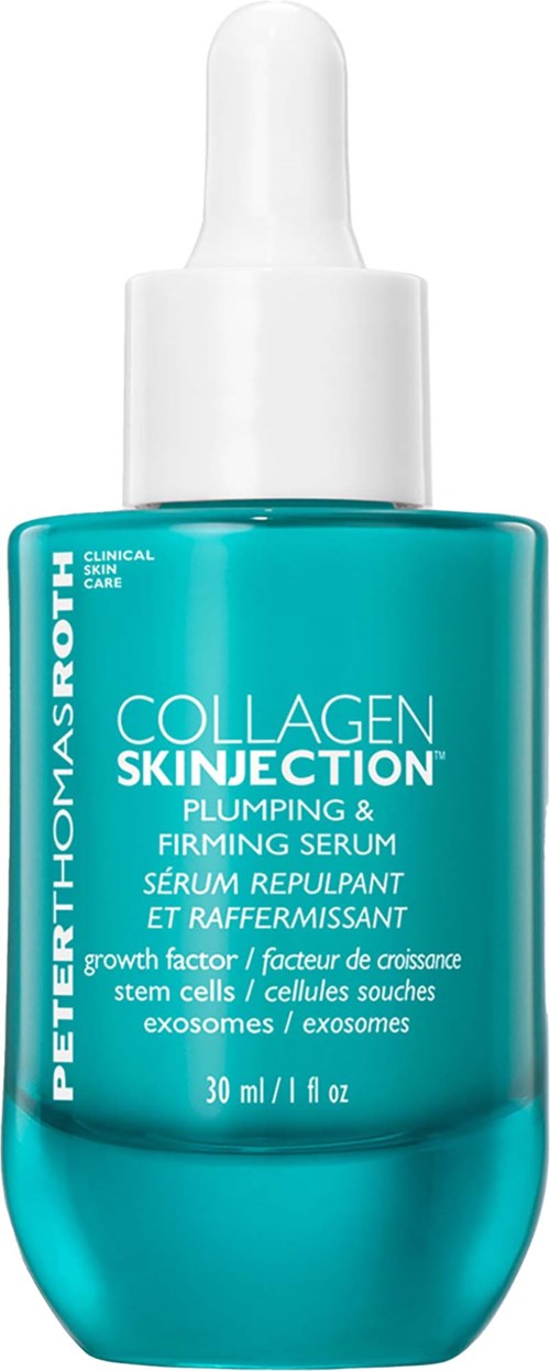 Blå serumflaske med hvit dråpe, merket Peter Thomas Roth Collagen Skinvention, for fyldigere og fastere hud.