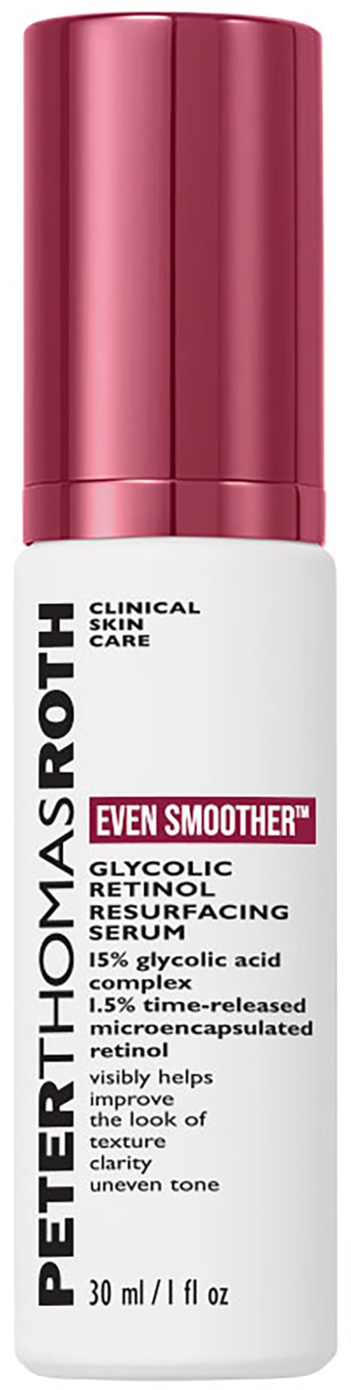 En hudvårdsprodukt i flaska med vit kropp och rosa lock, märkt för jämnande och retinol behandling.
