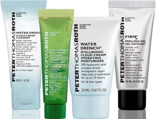 Fyra hudvårdsprodukter: rengöringsmedel, gurkaguarmask, återfuktande creme och exfolierande gel i tuber och en flaska.