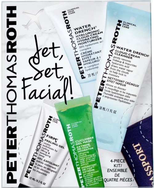 Ett hudvårdsset med tuber av ansiktsrengöring, gel och gurkpeelmask, märkt 'Peter Thomas Roth'.