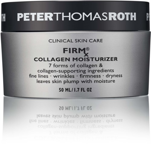 En grå beholder med etiketten 'Peter Thomas Roth Firmx Collagen Moisturizer' med svart lokk, som beskriver hudpleiefordeler for fasthet og rynker.