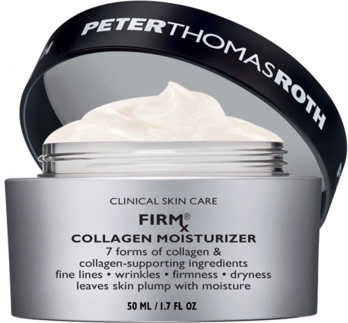 En krukke med Peter Thomas Roth kollagenfuktighetskrem med krem inni og svart lokk. Etiketten viser fordeler og ingredienser.