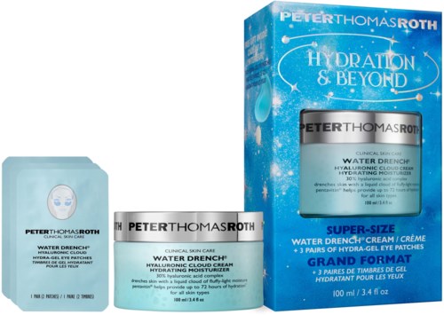 Hydrating skincare products from Peter Thomas Roth, including Water Drench cream and eye patches, in blue packaging.