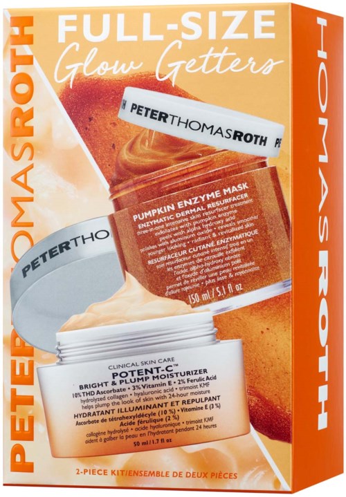Pakke med hudpleieprodukter, inkludert gresskarenzymmaske og hudforbedrende fuktighetskrem, med oransje og hvit design.