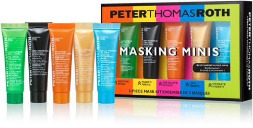 Färgglada tuber av ansiktsmasker med en låda märkta 'Masking Minis' och 'Petert Home & Roth'.