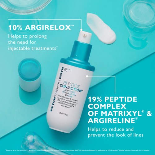 Ein Hautpflegeflasche mit vertikalem Text, zeigt Inhaltsstoffe Argirelox und Peptide Complex zur Reduzierung von Linien.