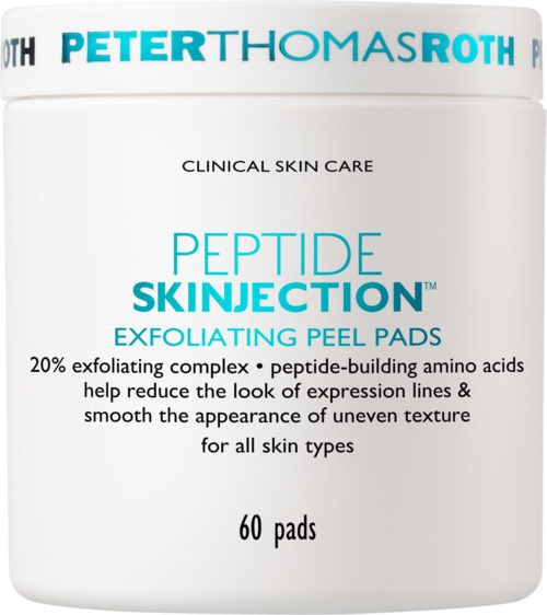 En hvit beholder med blå og svart tekst for eksfolierende peel pads, inneholder 60 pads med peptider og aminosyrer.