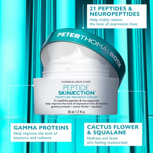 Eine weiße Hautcree mit blauer Verpackung, Text über Peptide, Hauterneuerung und Feuchtigkeit spendende Kaktusblume.