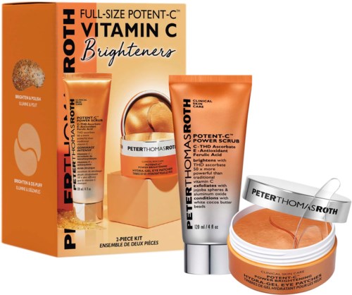 Eine Hautpflegeset mit schnell einziehender Vitamin-C-Gelcreme und einer pfirsichfarbenen Gesichtsmaske in runden Behältern.