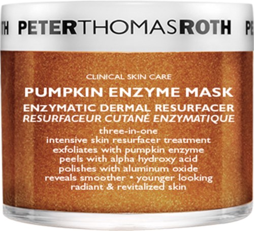 Een pot met pompoen enzymmasker voor gezichtsverzorging, met beschrijving van de voordelen en ingrediënten.