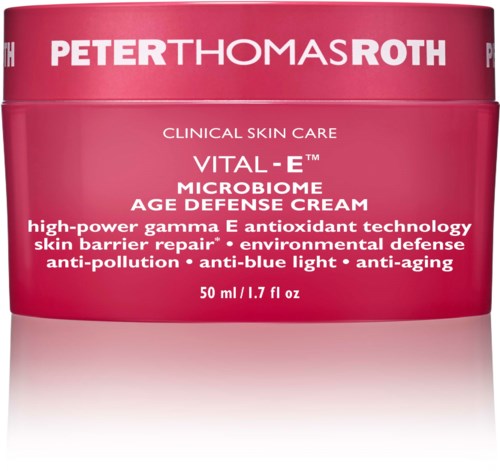 Rosa kräm för hudvård, kallad Vital-E Microbiome Age Defense Cream, för bättre hudvård.