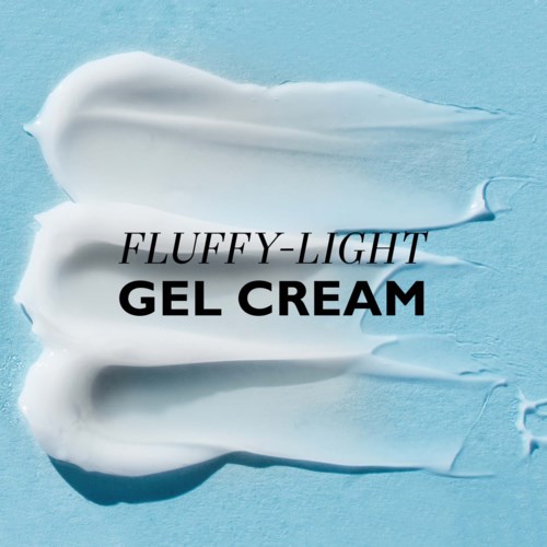 Text on a blue background describes a fluffy-light gel cream product.