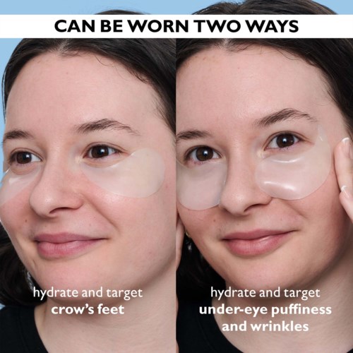 A woman shows two ways to wear under-eye patches, one for drying and targeting crow's feet, the other for puffiness and wrinkles.