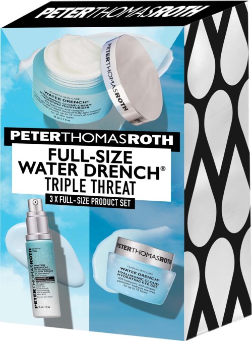 En box innehåller Peter Thomas Roth hudvårdsprodukter: kräm, gel och spray. Fet stil markerar märket och produktdetaljer.