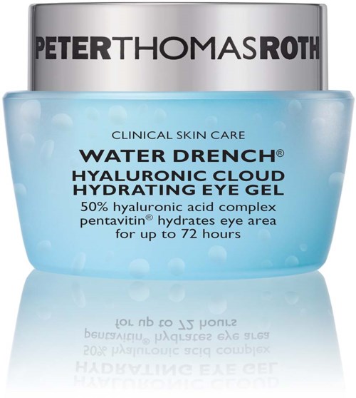 En krukke med Peter Thomas Roth Water Drench fuktighetsgivende øyekrem i blå og sølvfarger, med produktdetaljer foran.