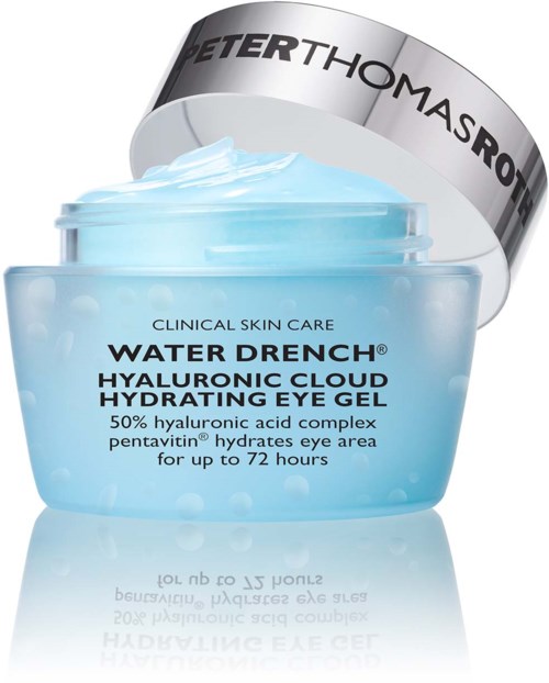 Lyseblå gel i krukke, merket for øyehydrering med hyaluronsyre, holder seg frisk i 72 timer.
