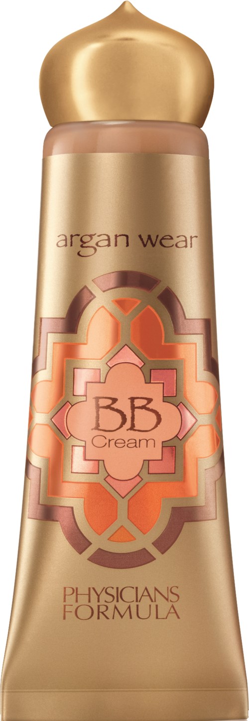 Gyllene tub av argan wear BB-kräm med dekorativt lock och utsmyckad design på förpackningen.