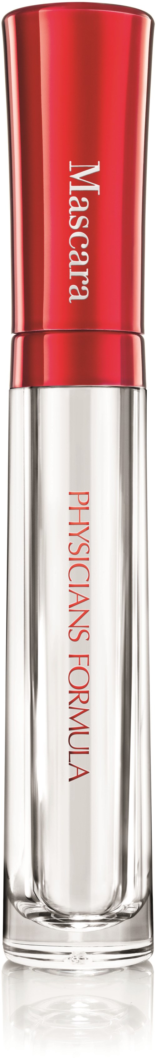 En tydlig behållare med en röd kork och orden 'Physicians Formula' och 'Mascara' skrivet på den.