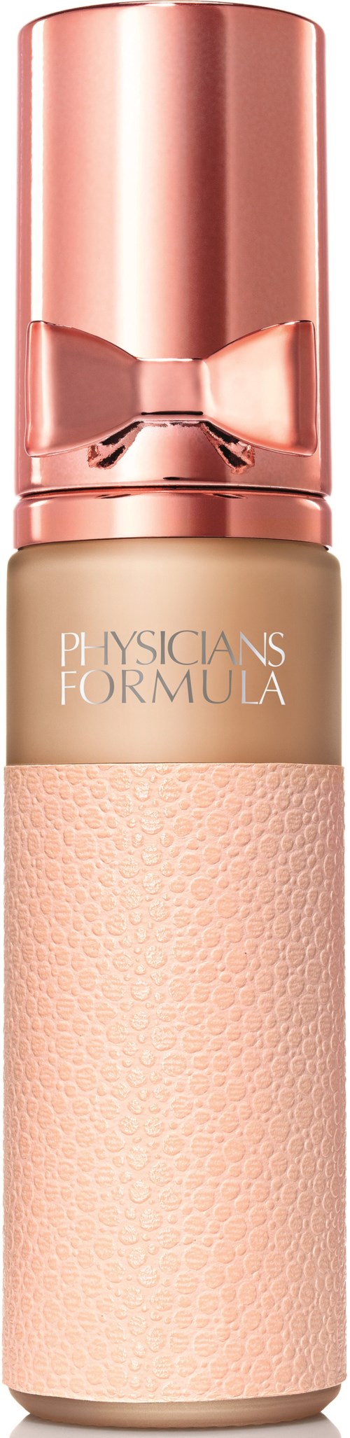 En beige flytande foundation i en lång, rosa flaska med en glänsande kapsyl och ett texturerat rosa grepp.