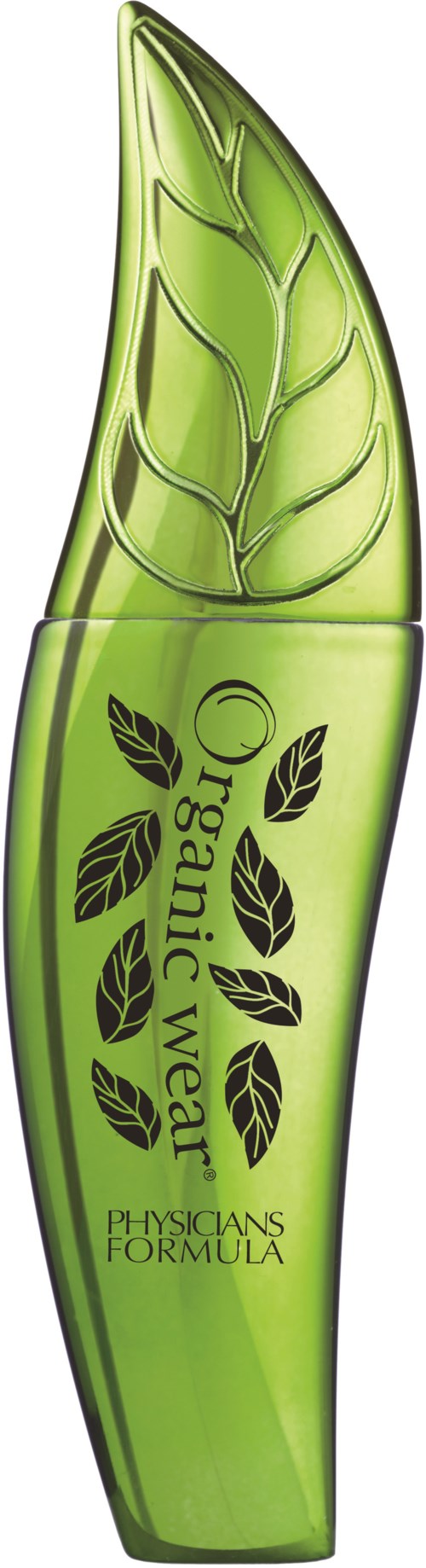 En grön sprayflaska med växtbladdesign och text: 'Organic Wear' och 'Physicians Formula'.