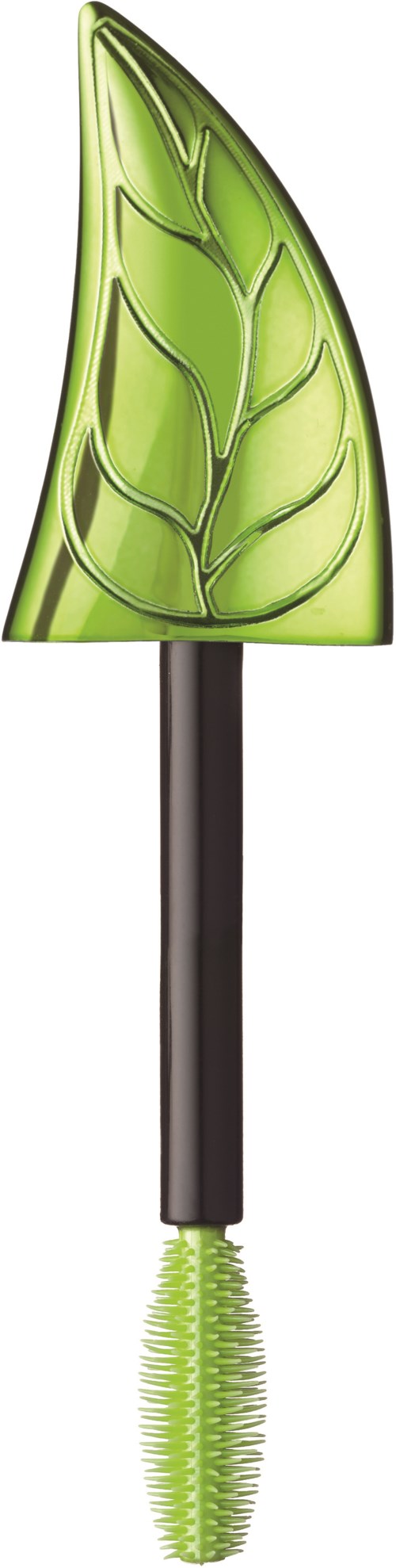En grön sminkborste formad som ett blad med svart handtag och gröna borstar.
