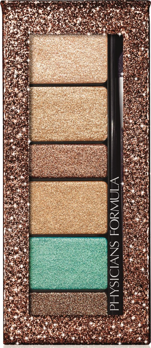 Eine glitzernde Lidschattenpalette mit fünf Farben: Beige, Gold, Braun, Türkis und Dunkelbraun. Marke ist Physicans Formula.