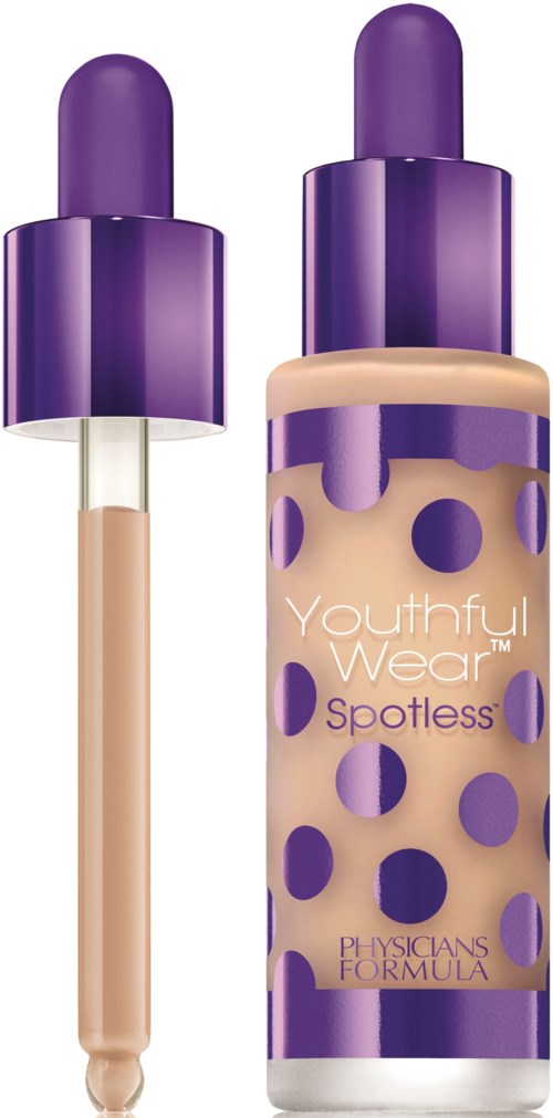 Ett concealer-flaska med lila lock och prickar, märkt "Youthful Wear Spotless" av Physicians Formula.