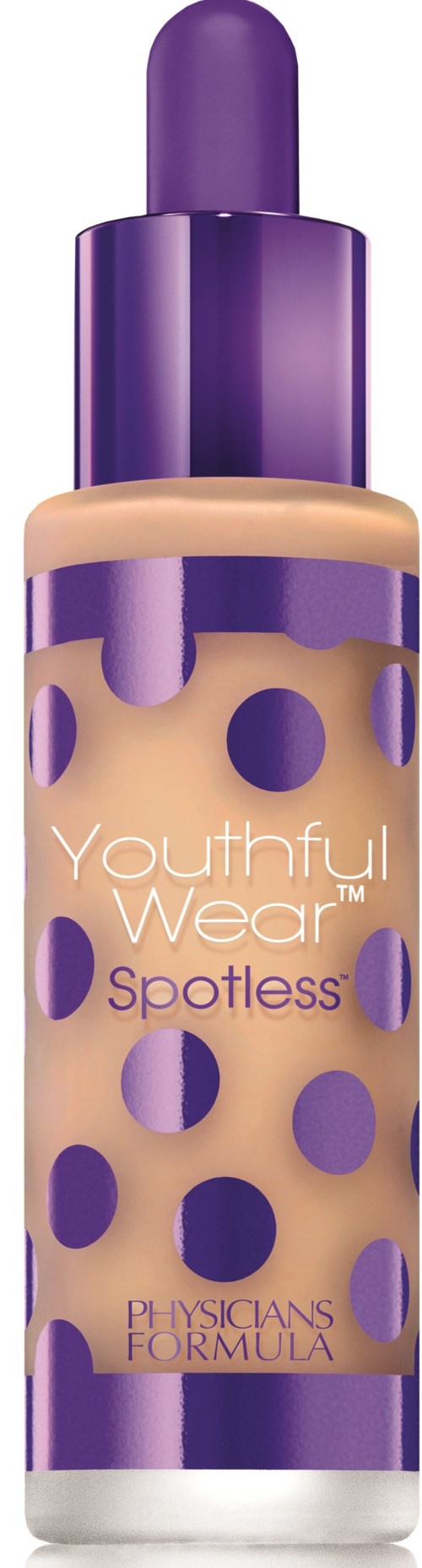 En beige vätska med lila prickar i en lila flaska med lila lock, märkt 'Youthful Wear Spotless'.
