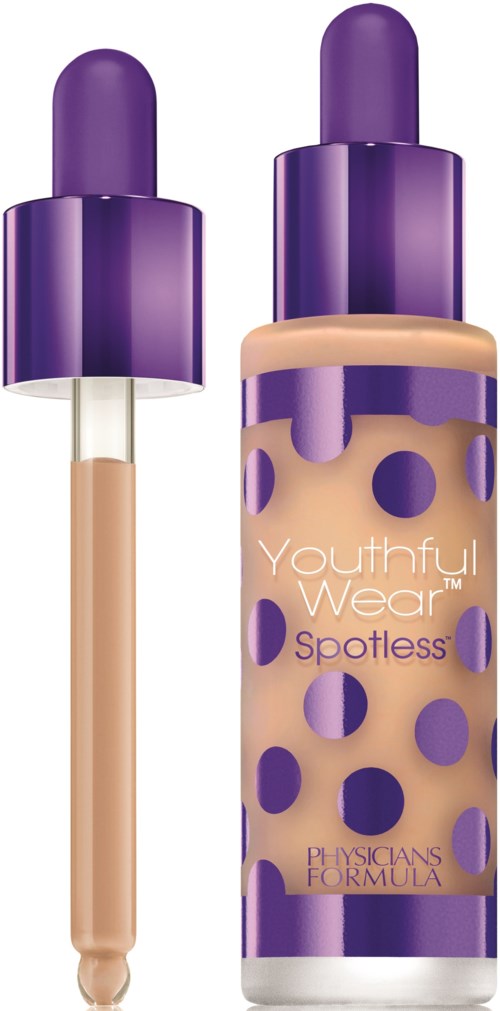 En foundationflaska med lila lock och polkapladsdesign, märkt "Youthful Wear Spotless" av Physicians Formula.