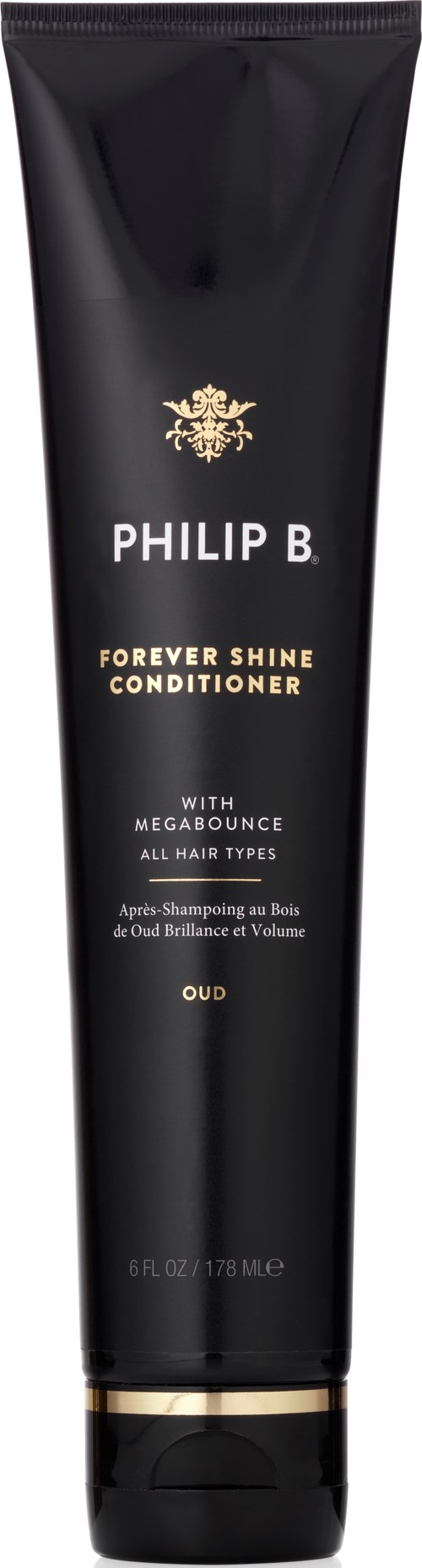 En svart tube av Philip B. Forever Shine Conditioner med gull og hvit tekst, som fremhever hårets glans.