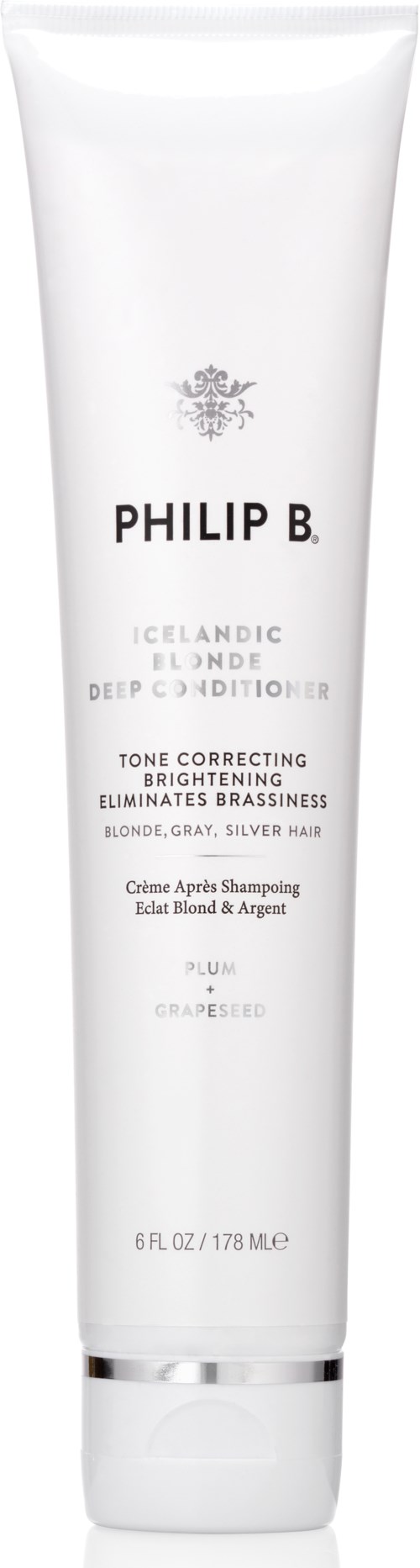 En hvit tube med Philip B. hårsjampo med svart tekst, kalt Icelandic Blonde Deep Conditioning, for å lysne håret.