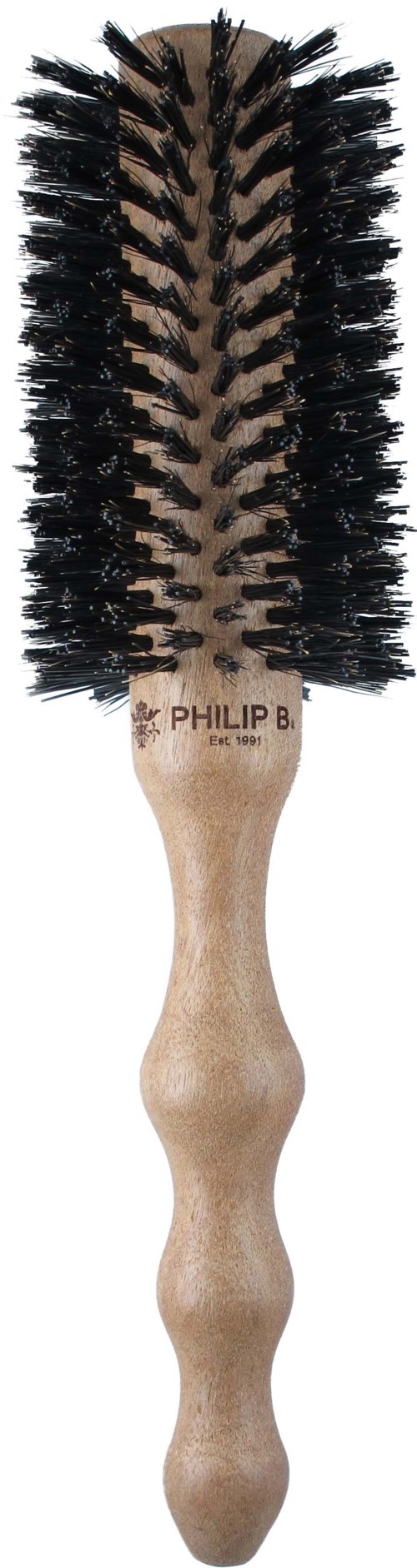 Eine Rundbürste mit Holzgriff, schwarzen Borsten und dem Markennamen Phillip B.