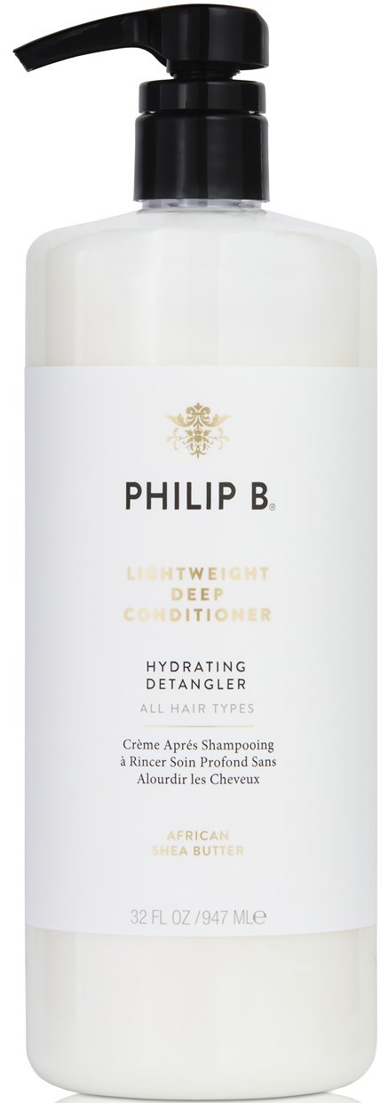A white bottle with black pump, labeled with gold and black text for Philip B. lightweight deep hydration detangler.