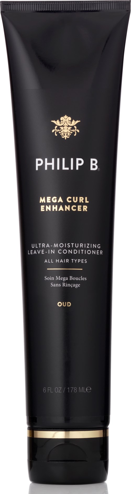 Eine schwarze Tube mit der Aufschrift Philip B Mega Curl Enhancer, geeignet für alle Haartypen mit goldener und weißer Beschriftung.