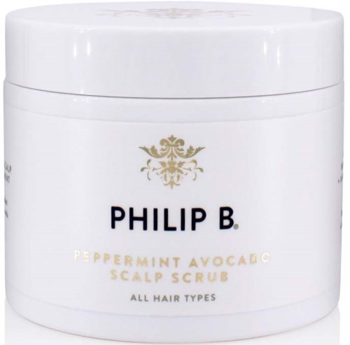 A white jar labeled 'Philip B Peppermint Avocado Scalp Scrub' for all hair types.