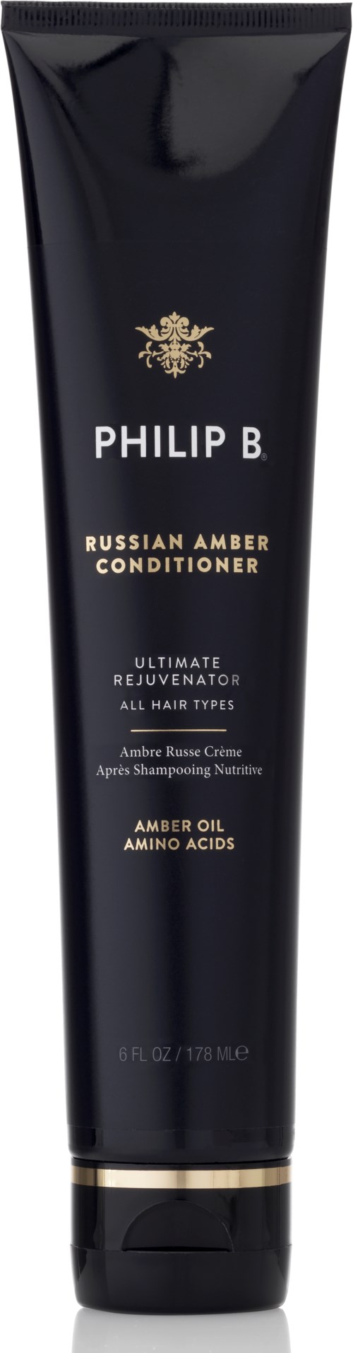 En svart tube med gull- og hvit tekst, merket Philip B Russian Amber Conditioner, for alle hårtyper.