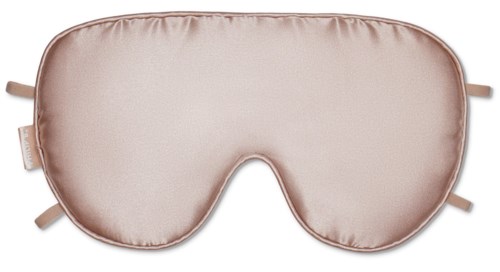 Pehmeä, vaaleanpunainen satiinisilmänaamio elastisilla hihnoilla.