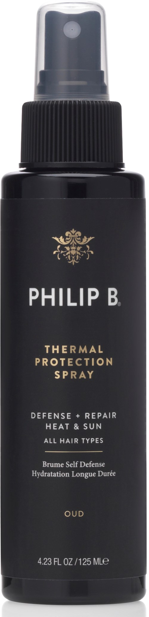 Svart sprøyteflaske med gullfarger, merket "Philip B. Thermal Protection Spray," for hårbeskyttelse mot varme og sol.