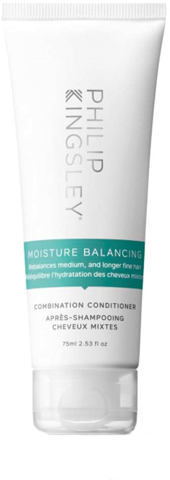 En hvit hårbalsamrør med blå og svart tekst, merket 'Philip Kingsley Moisture Balancing' for medium til langt hår.