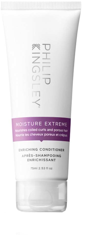 En hvit tube med Philip Kingsley Moisture Extreme balsam med lilla etikett, 75 ml.