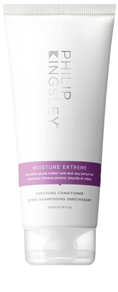 Valkoinen tuubi Philip Kingsley Moisture Extreme hoitoaineella ja violetti merkki alhaalla.