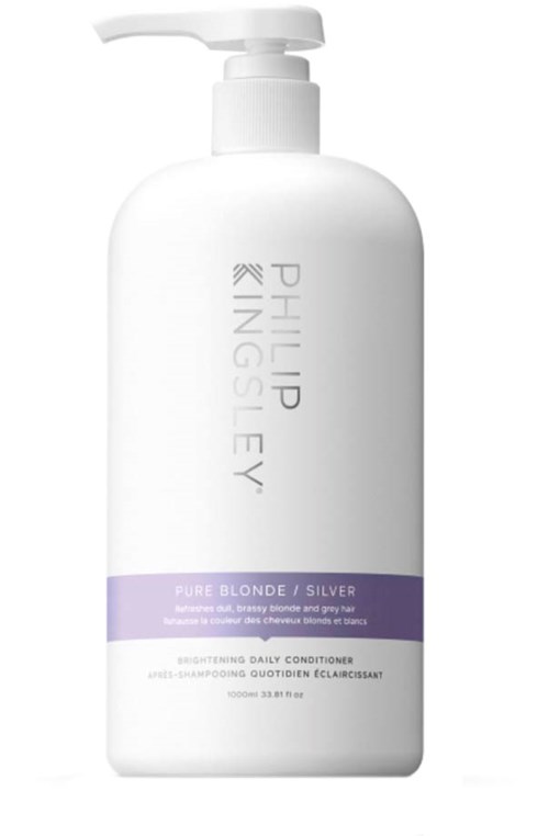 En hvit flaske med pumpe, merket "Philip Kingsley" og "Pure Blonde/Silver." Den er til hårpleie.