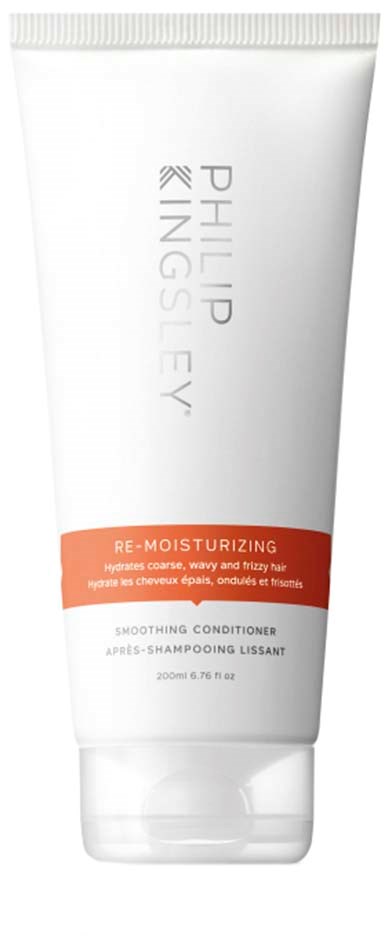 En hvit tube merket Philip Kingsley Re-Moisturizing Smoothing Conditioner, med oransje og hvit tekst.