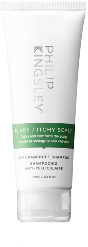 En hvit sjamponrør med grønn merkelapp for kløende hodebunn, merket "PHILIP KINGSLEY" og "ANTI-DANDRUFF SHAMPOO".