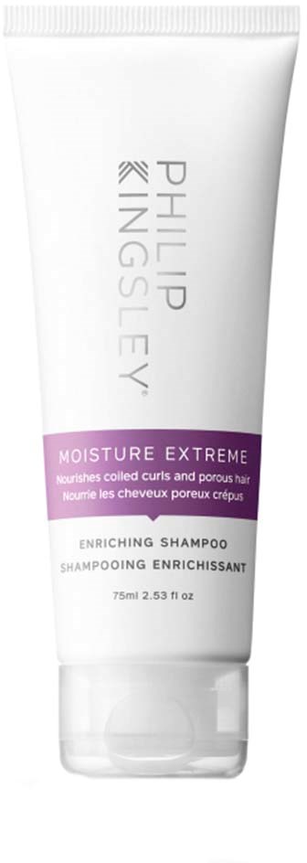 En hvit tuben med sjampo merket 'Philips Kingsley Moisture Extreme' for krøllete, porøse hår, 75 ml.