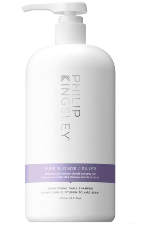 En hvit sjampo-flaske med pumpe, merket "PHILIP KINGSLEY" og "PURE BLONDE / SILVER."