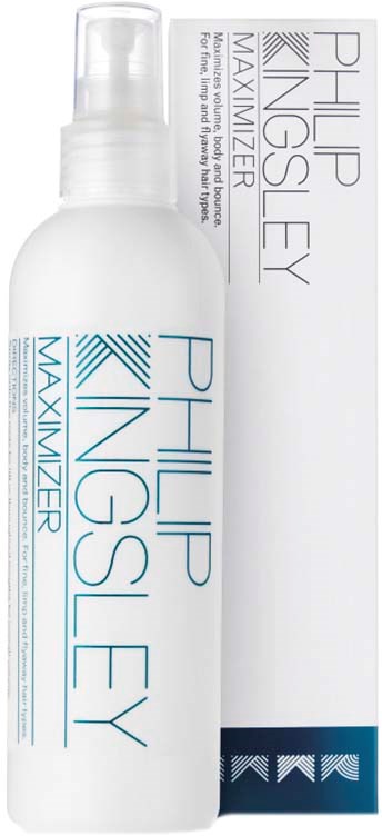 En vit sprayflaska märkt 'Philip Kingsley' och 'Maximizer' med en slank design.